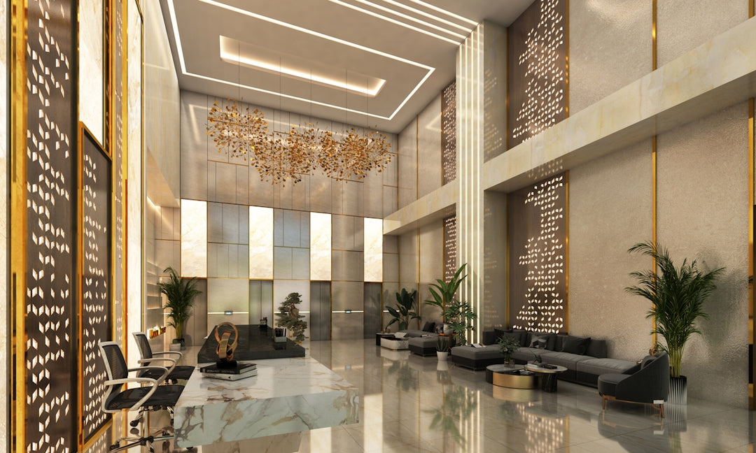 Modern lobby with marble floors and contemporary furniture
