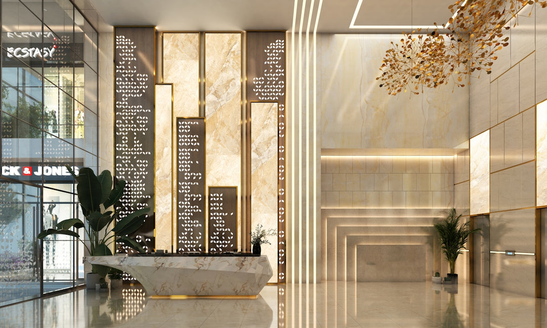 Modern lobby with marble accents and decorative lighting