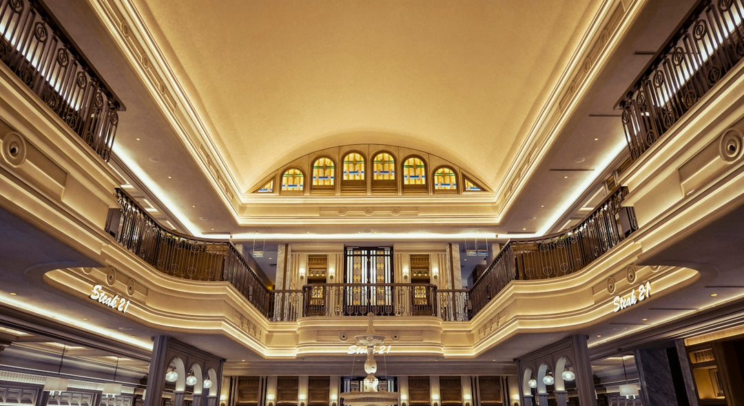 Elegant interior with ornate architectural details and lighting