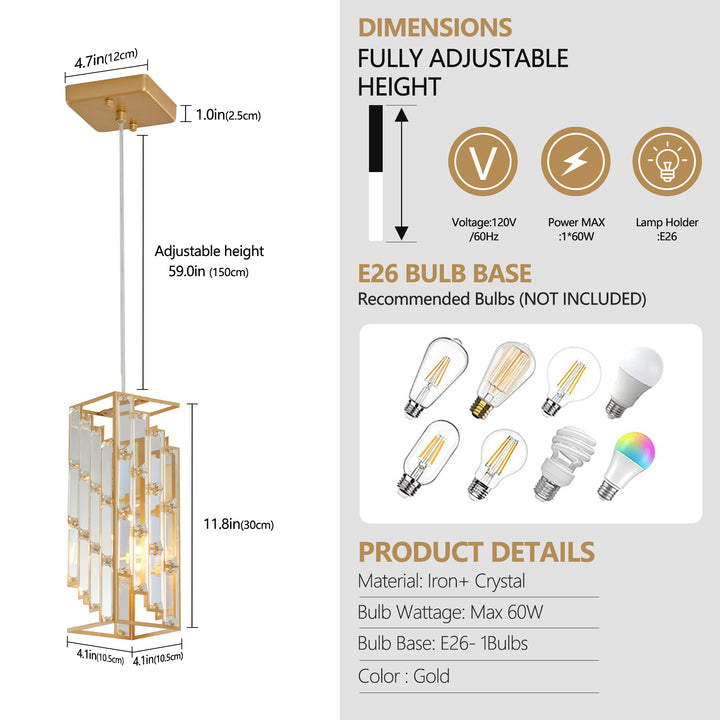 Golden Pendant Lighting Modern Pendant Light Crystal Chandeliers Adjustable Pendant Light Fixture for Kitchen Island 3 Pack